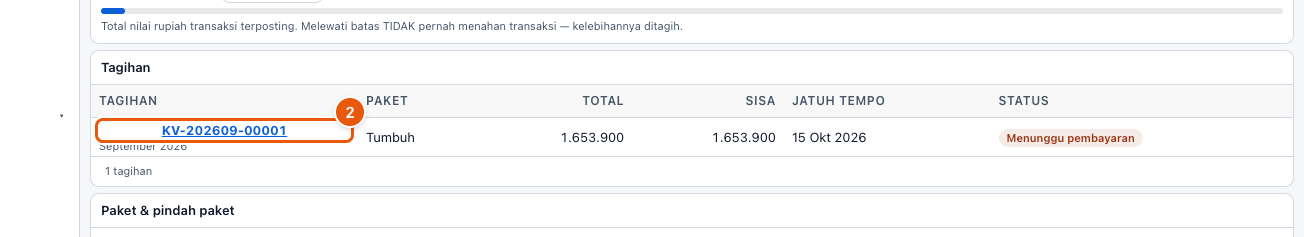 Tangkapan layar "Bayar tagihan langganan KupvaKu" — angka bulat di gambar = nomor langkah 2