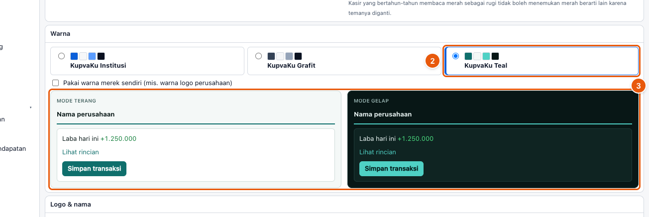 Tangkapan layar "Ganti warna, logo, dan nama tampilan" — angka bulat di gambar = nomor langkah 2, 3