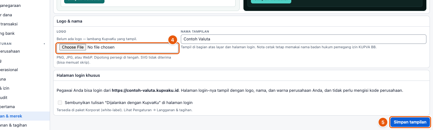 Tangkapan layar "Ganti warna, logo, dan nama tampilan" — angka bulat di gambar = nomor langkah 4, 5