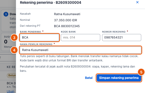 Tangkapan layar "Kirim transfer ke nasabah lewat file bank (transfer massal)" — angka bulat di gambar = nomor langkah 3, 4, 5