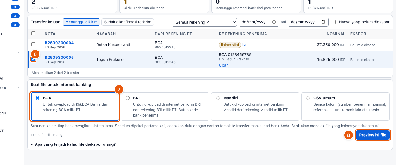 Tangkapan layar "Kirim transfer ke nasabah lewat file bank (transfer massal)" — angka bulat di gambar = nomor langkah 6, 7, 8