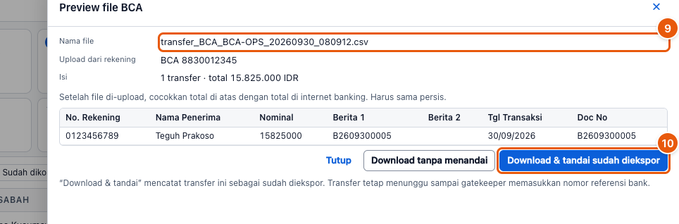 Tangkapan layar "Kirim transfer ke nasabah lewat file bank (transfer massal)" — angka bulat di gambar = nomor langkah 9, 10
