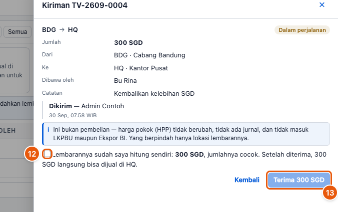 Tangkapan layar "Transfer valas antar cabang" — angka bulat di gambar = nomor langkah 12, 13