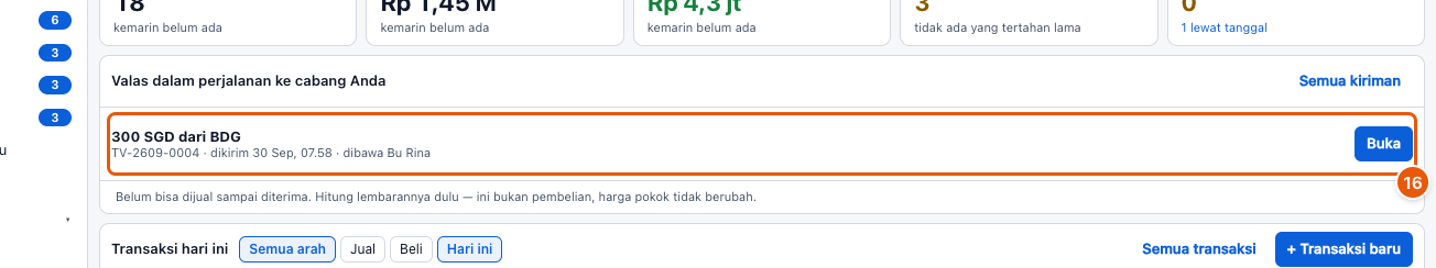 Tangkapan layar "Transfer valas antar cabang" — angka bulat di gambar = nomor langkah 16