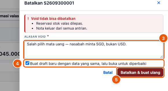 Tangkapan layar "Nota salah? Batalkan lalu buat ulang" — angka bulat di gambar = nomor langkah 3, 4, 5